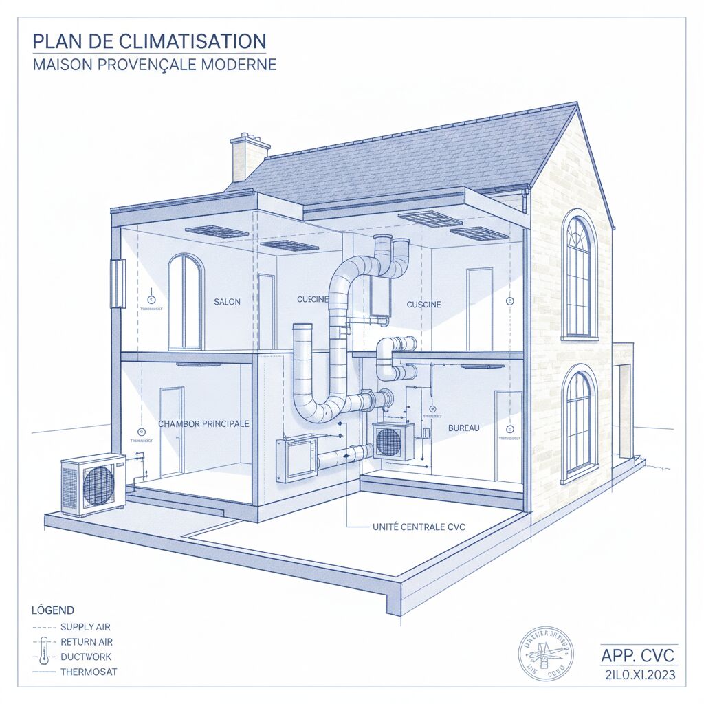 Découvrez un schéma d'installation détaillé pour une climatisation gainable, idéal pour optimiser le confort de votre intérieur de manière discrète et efficace.