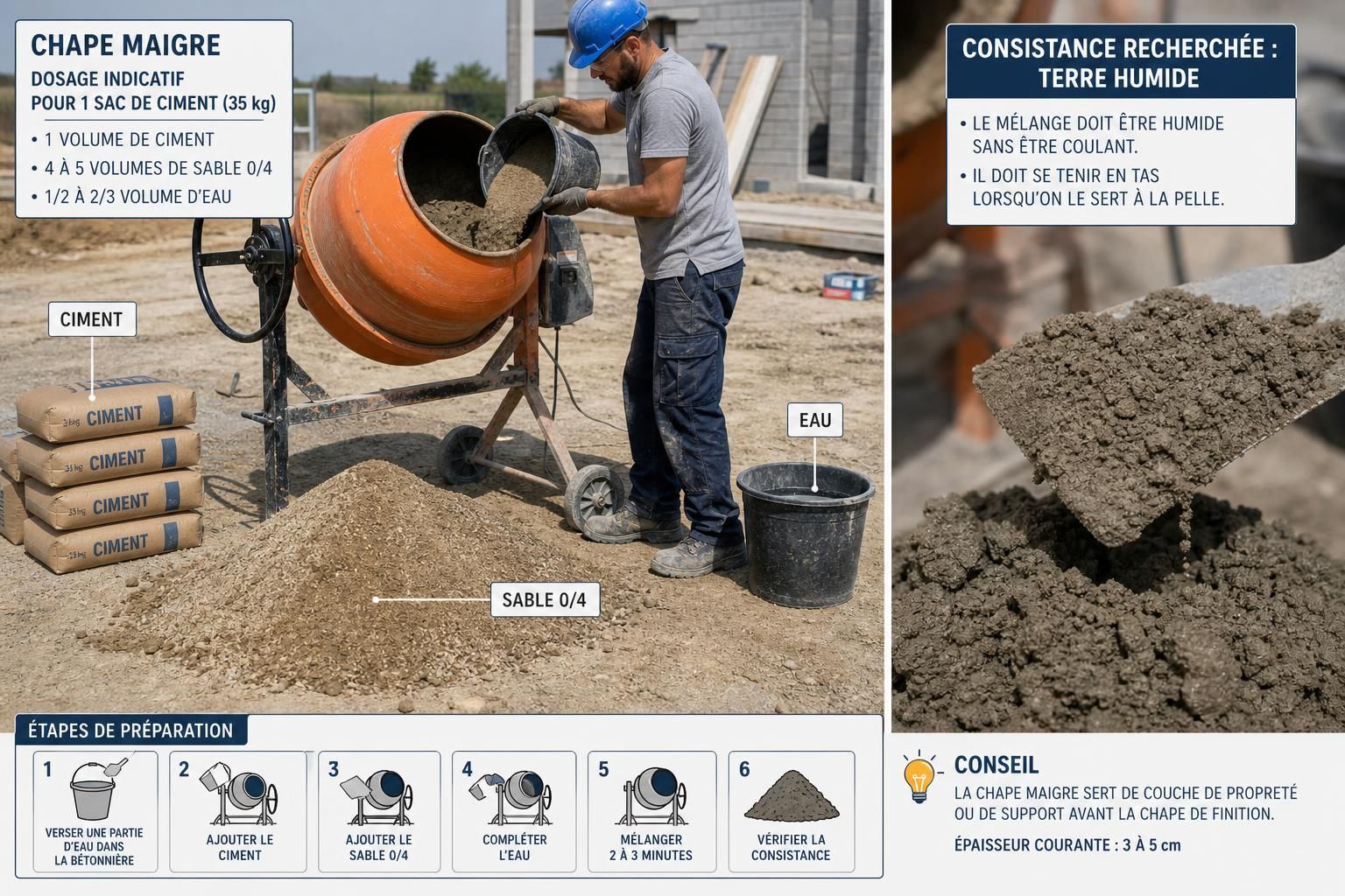 Découvrez comment calculer le dosage exact d'une chape maigre en bétonnière grâce à notre calculateur pratique. Obtenez des mesures précises pour réussir vos travaux de béton.